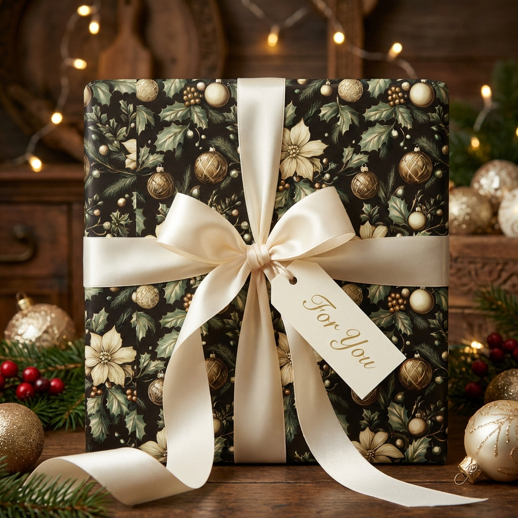 Elegant floral Christmas gift wrap with gold ornament pattern and ivory satin bow.