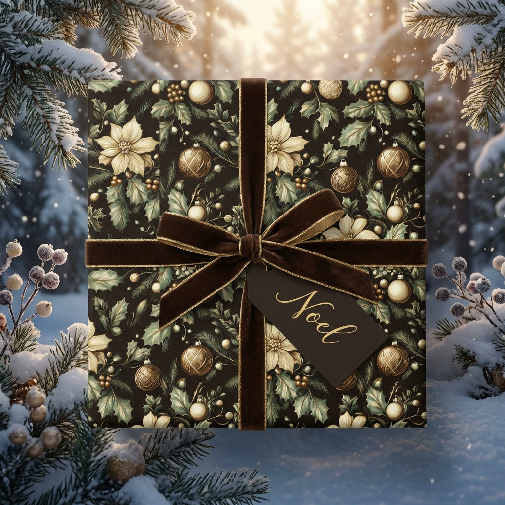 Elegant floral Christmas wrapping paper with velvet ribbon and "Noel" tag.