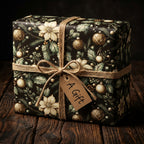 Elegant Christmas gift wrap with a floral and ornament pattern, tied with twine.