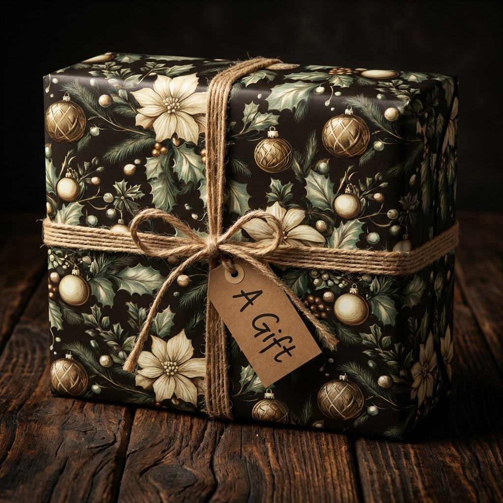 Elegant Christmas gift wrap with a floral and ornament pattern, tied with twine.