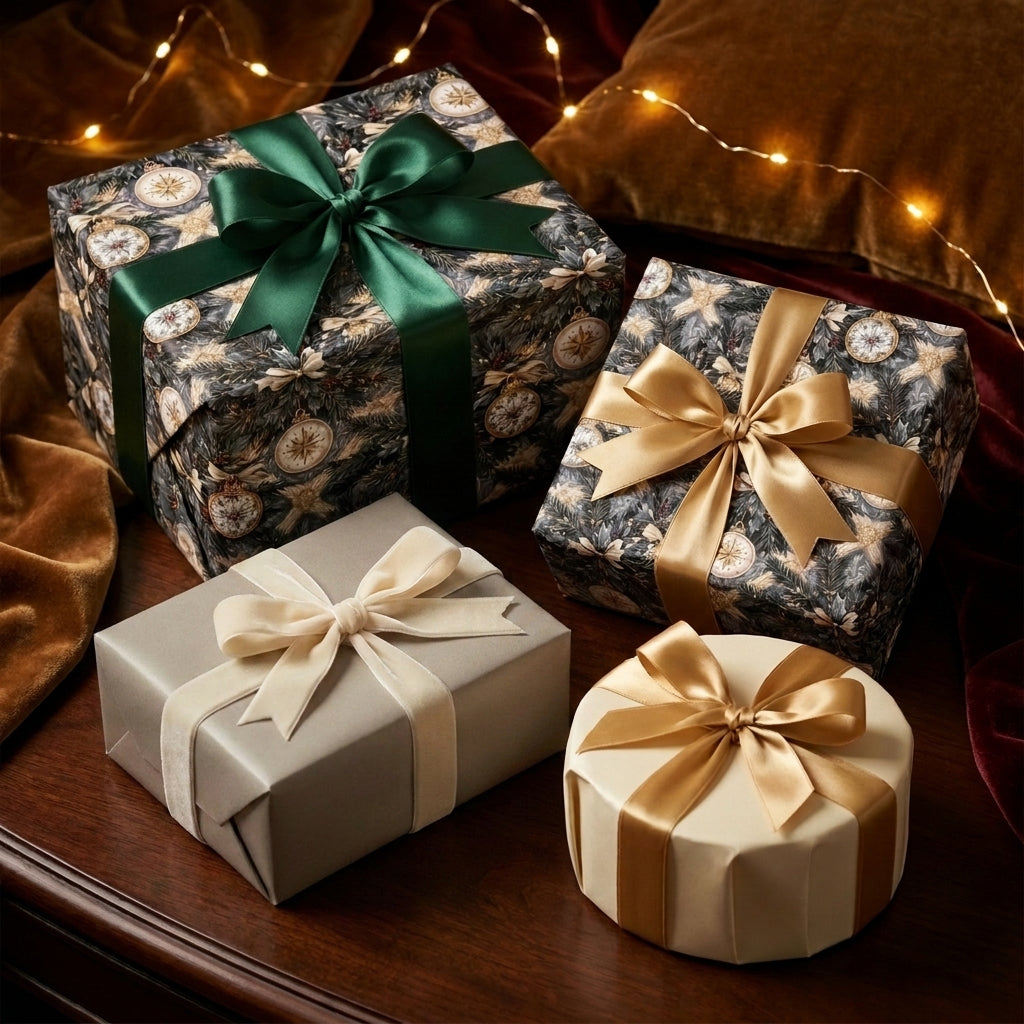 Luxury Christmas gift wrap with vintage pine patterns and elegant satin bows by Wrapped Studios.
