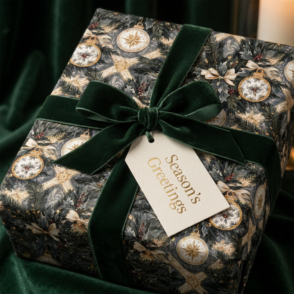 Luxury Christmas wrapping paper with a vintage gold ornament print and green velvet bow by Wrapped Studios.