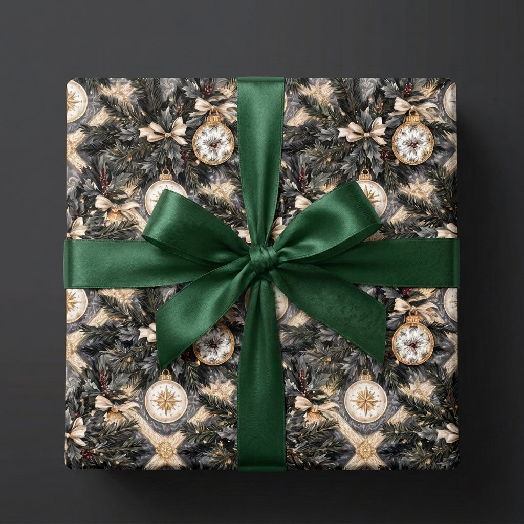 Luxury Christmas gift wrap with a vintage ornament pattern and green satin bow, by Wrapped Studios.