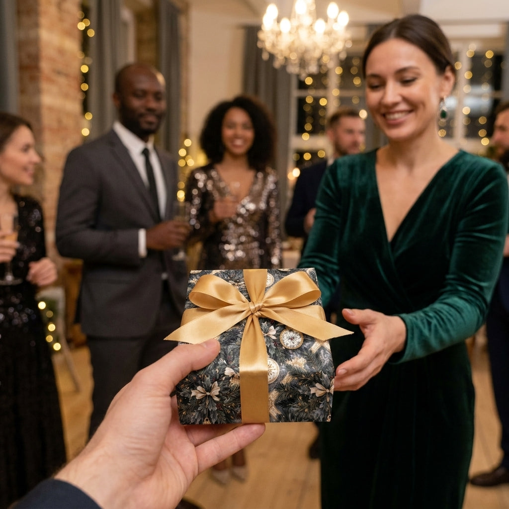Woman receiving a present with luxury Christmas wrapping paper and a gold bow. Wrapped Studios.