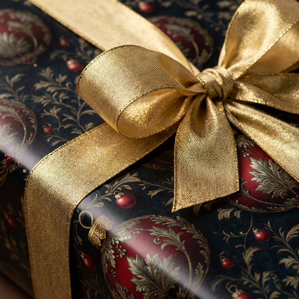 Elegant Christmas gift wrap featuring red ornaments and a gold ribbon.