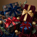Luxury Christmas gifts wrapped in elegant ornament wrapping paper with velvet ribbons from Wrapped Studios.