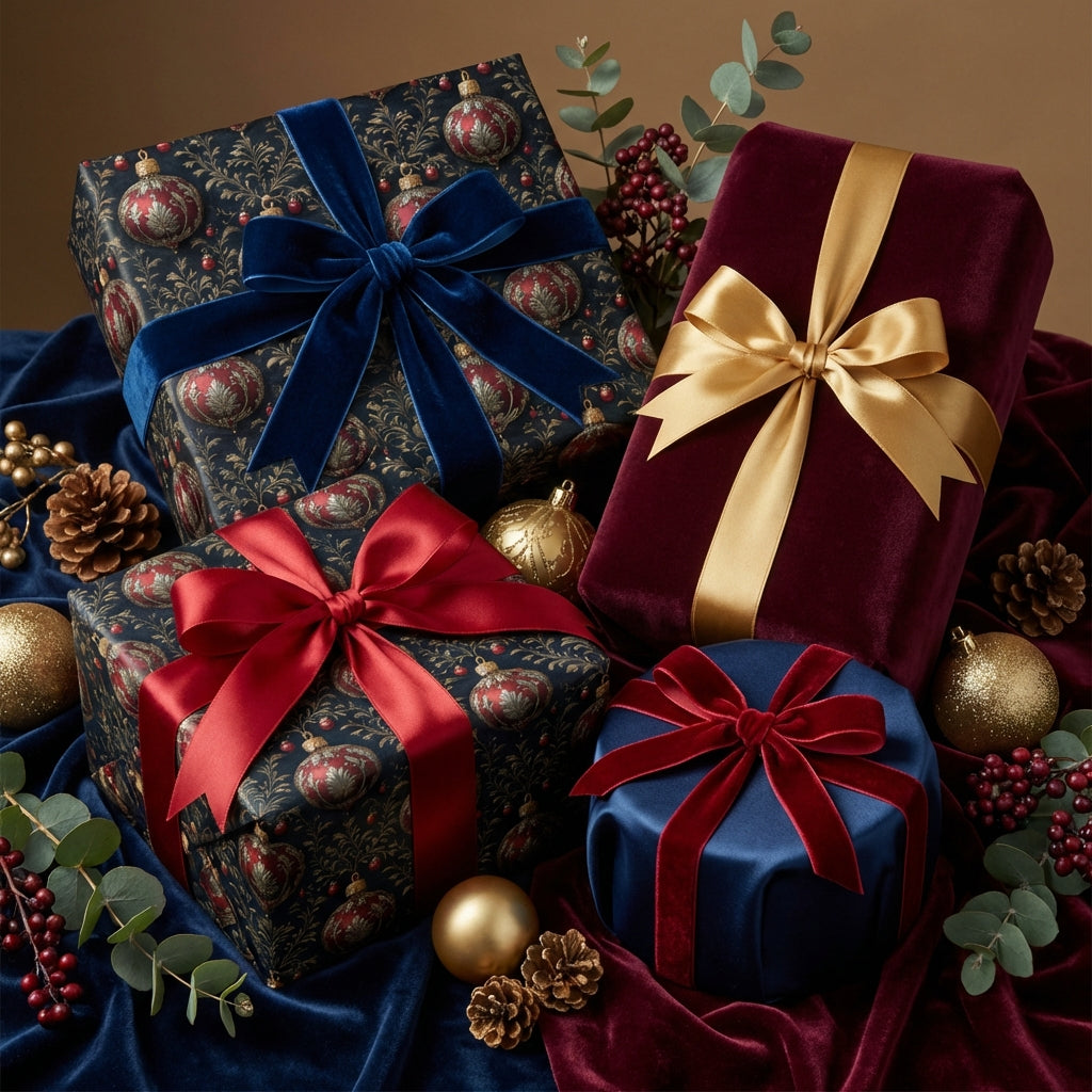 Luxury Christmas gifts wrapped in elegant ornament wrapping paper with velvet ribbons from Wrapped Studios.