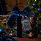 Elegant Christmas gift wrap with navy velvet ribbon, featuring red and gold ornament pattern.