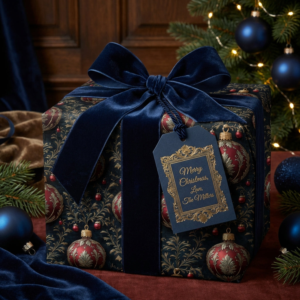 Elegant Christmas gift wrap with navy velvet ribbon, featuring red and gold ornament pattern.