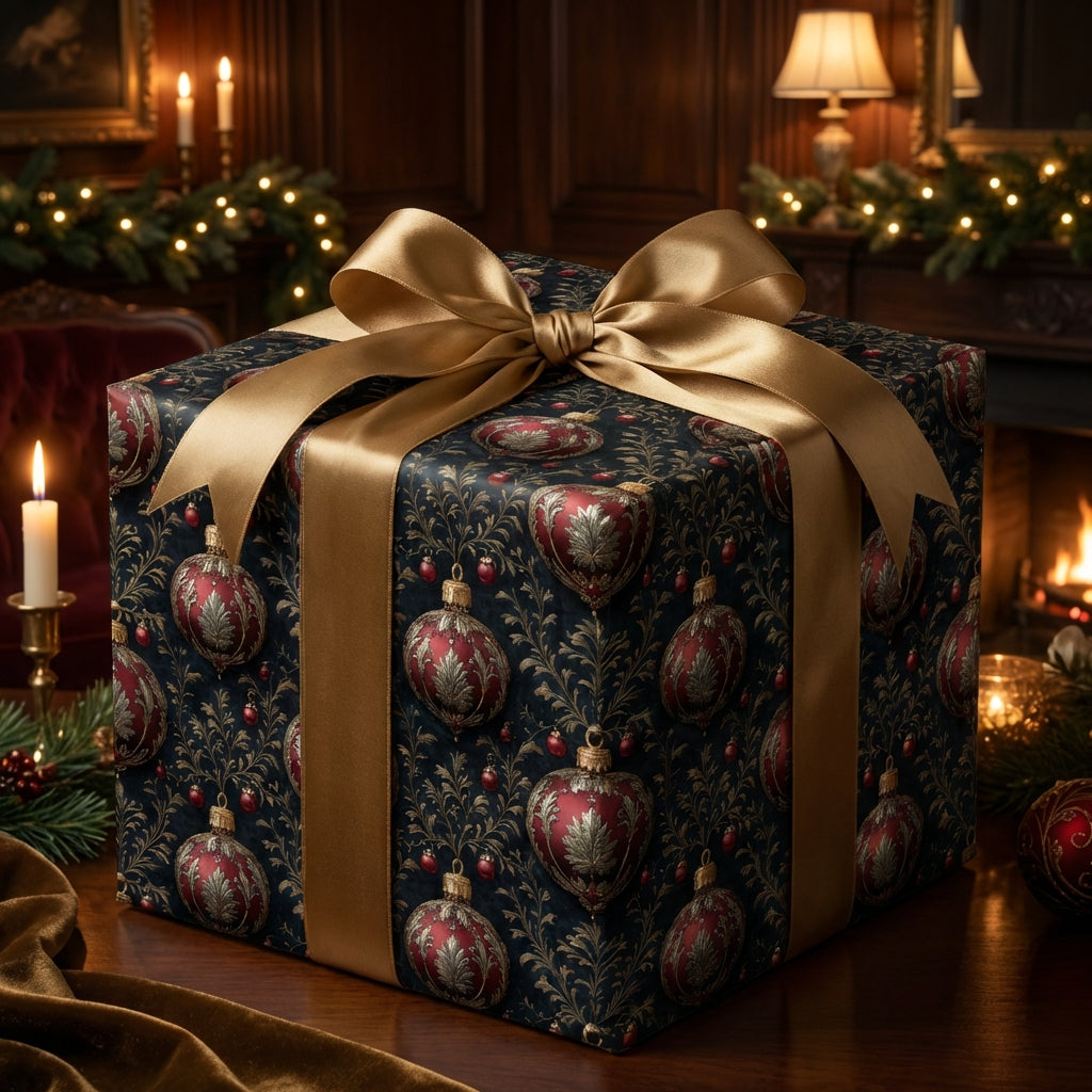 Elegant Christmas gift wrap, featuring a gold ribbon and ornate ornament pattern from Wrapped Studios.