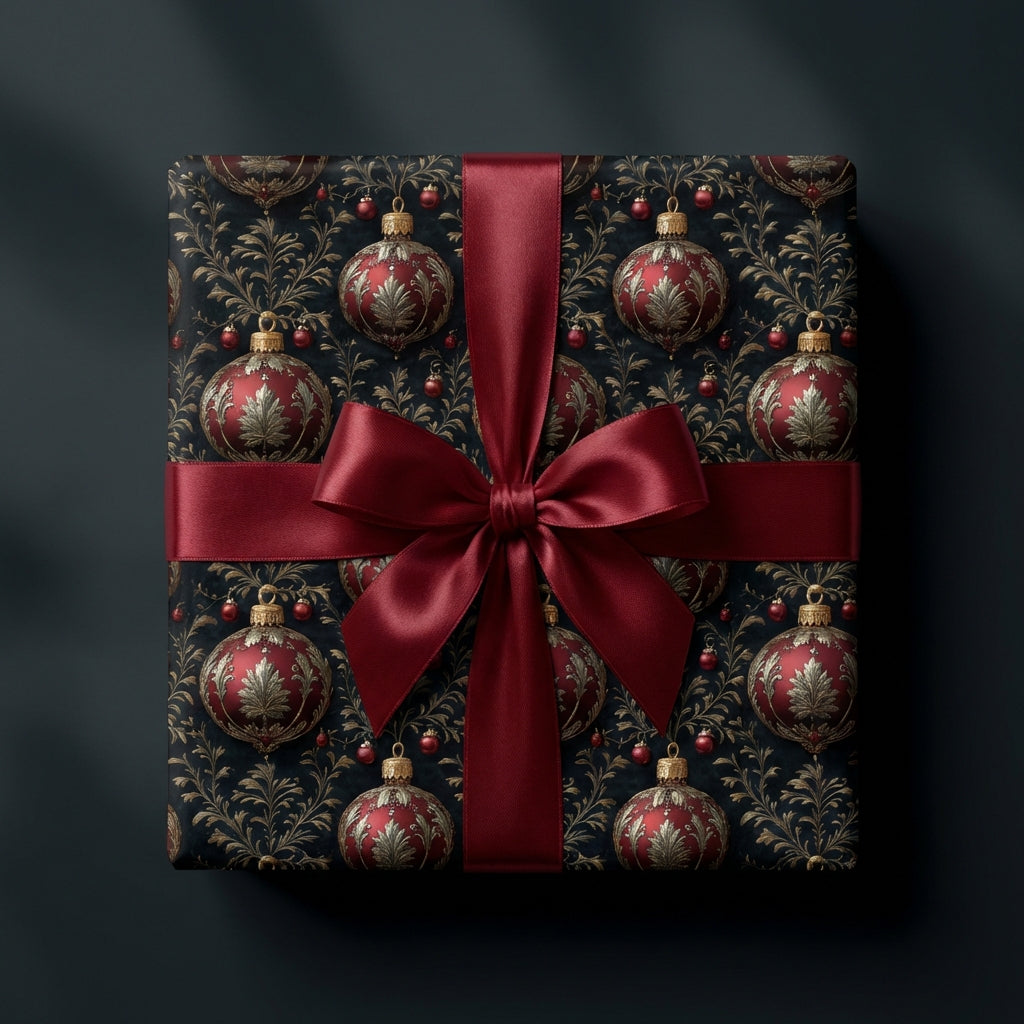 Elegant Christmas gift wrapped in Wrapped Studios ornament paper with burgundy satin ribbon.