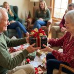 Exchanging Christmas gift wrapped in elegant floral wrapping paper with red velvet ribbon bow.