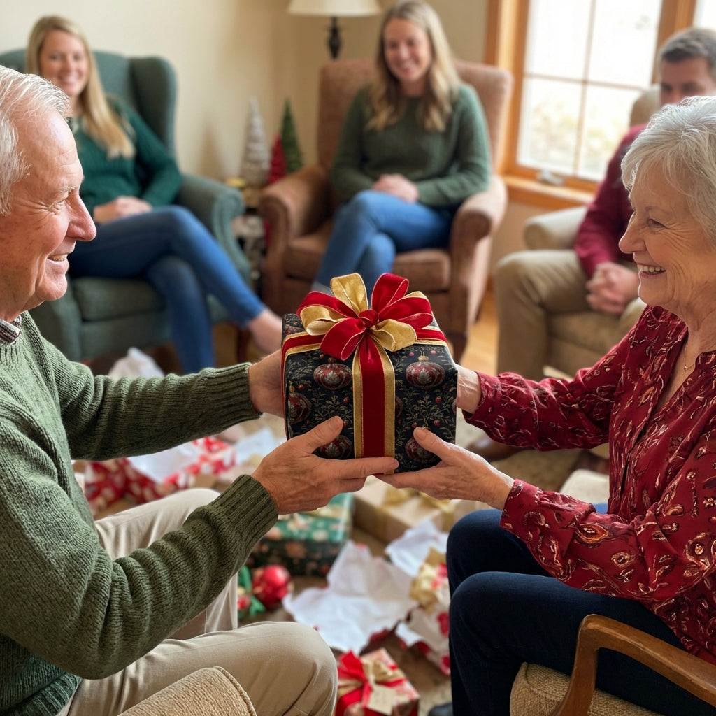 Exchanging Christmas gift wrapped in elegant floral wrapping paper with red velvet ribbon bow.