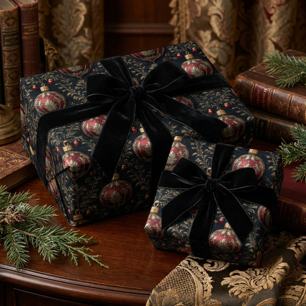 Elegant Christmas gifts wrapped in dark floral paper with red ornaments and black velvet ribbon.