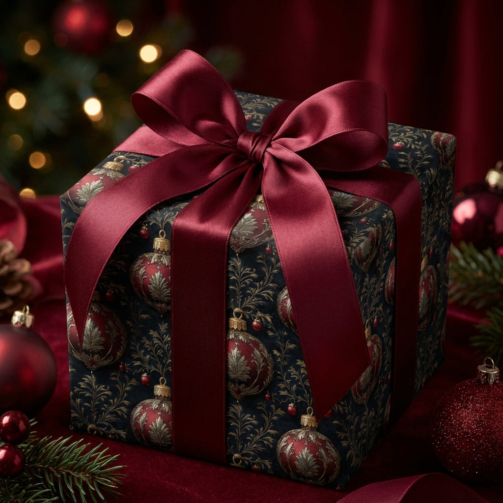 Elegant Christmas gift wrap featuring a dark floral pattern and a bold burgundy satin ribbon.