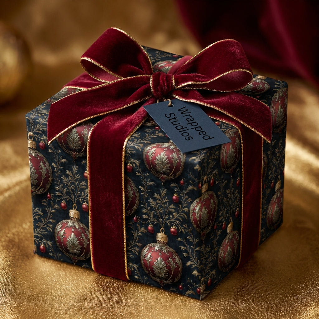 Wrapped Studios luxury Christmas gift wrap featuring a vintage ornament pattern and velvet ribbon.