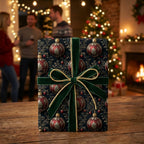 Elegant Christmas gift wrap featuring ornament pattern, with a green velvet and gold rope bow.