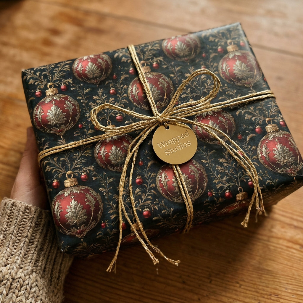 Wrapped Studios luxury Christmas gift wrap with red ornament pattern and rustic twine bow.