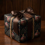 Wrapped Studios Christmas gift; elegant ornament pattern wrapping paper with brown ribbon.