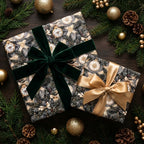 Luxury Christmas gift wrap with vintage pine pattern, velvet and gold ribbons by Wrapped Studios.