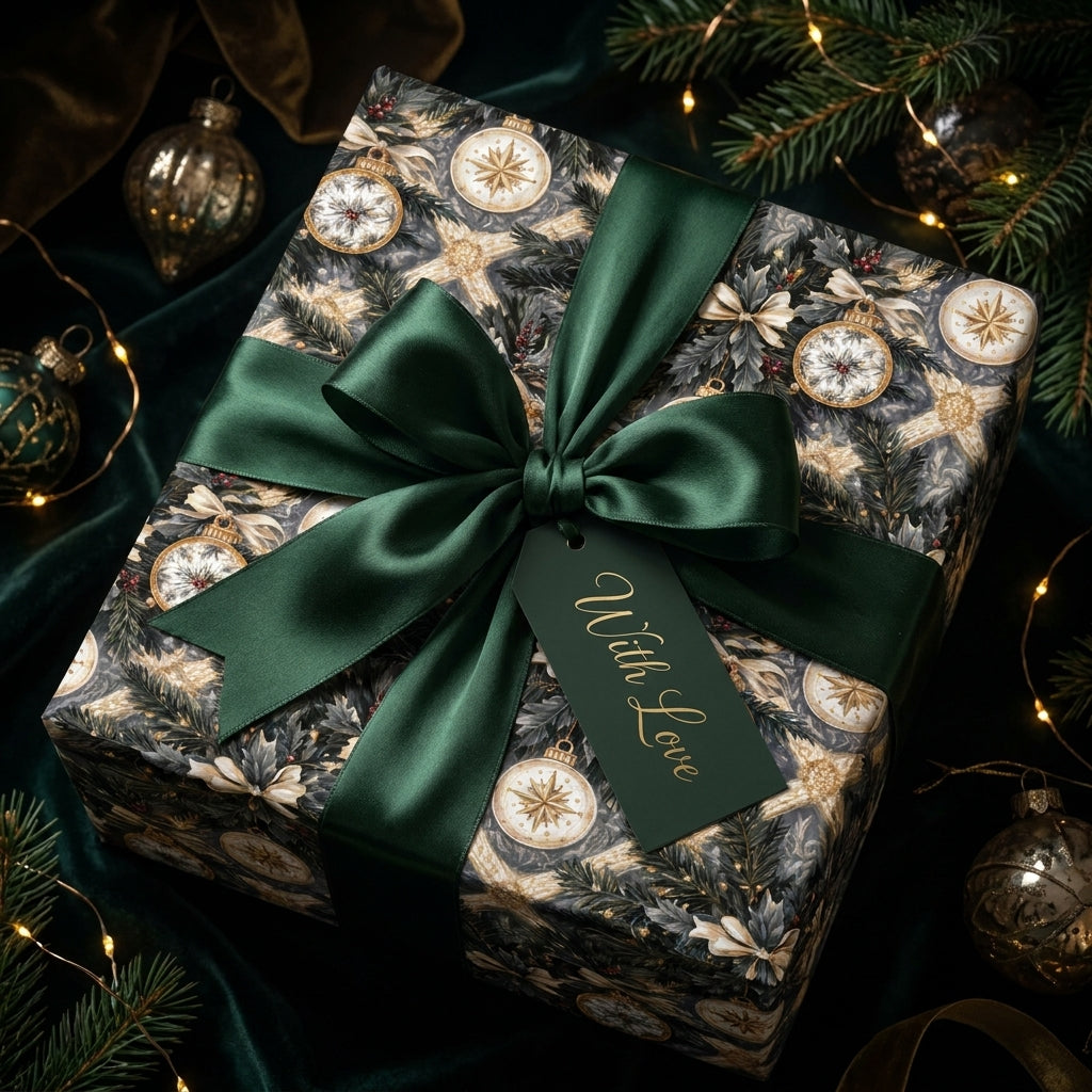 Luxury Christmas wrapping paper with a green satin bow and vintage ornament design by Wrapped Studios.