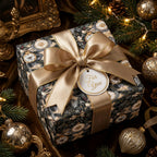 Luxury Christmas wrapping paper with vintage ornament design and gold ribbon. Holiday gift wrap by Wrapped Studios.