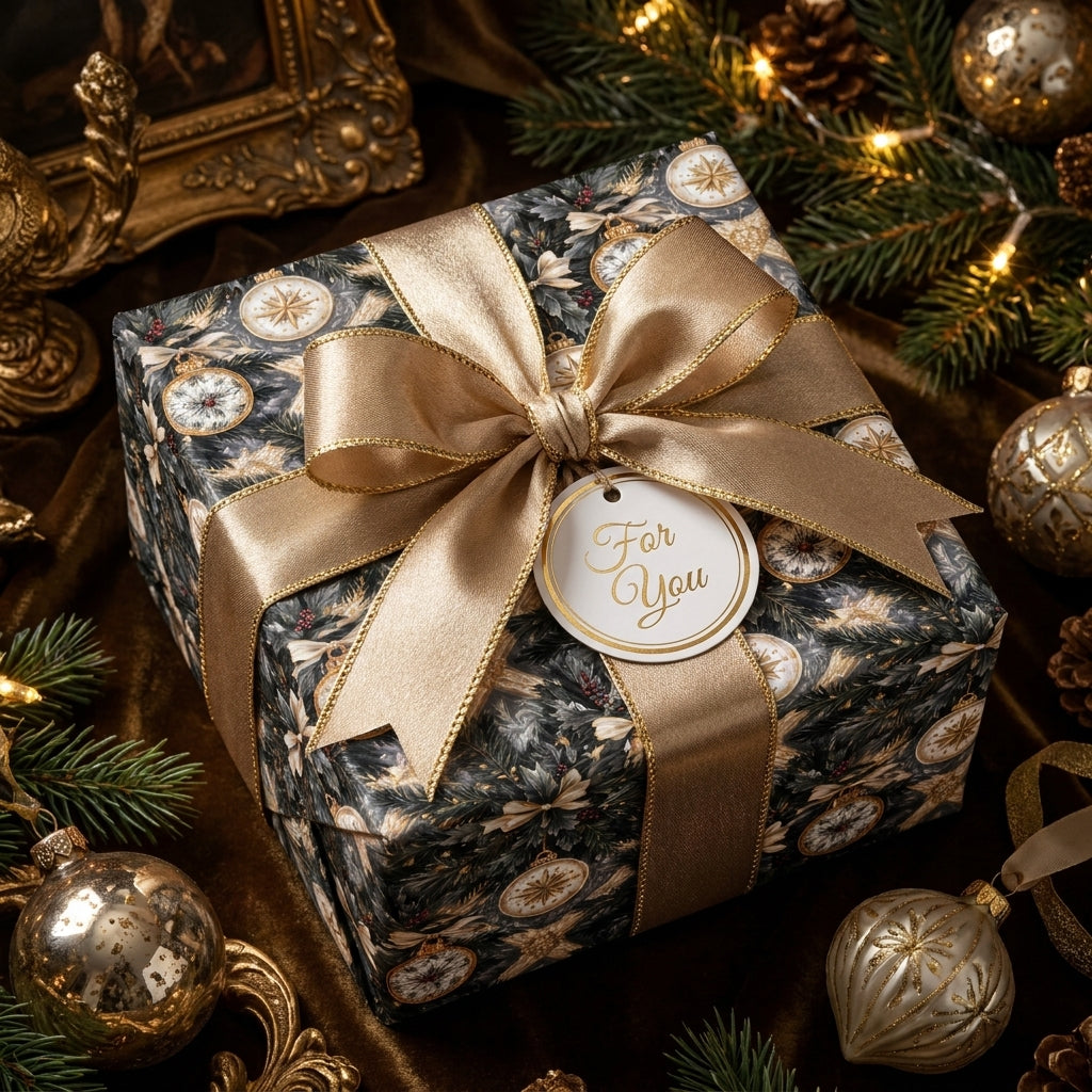 Luxury Christmas wrapping paper with vintage ornament design and gold ribbon. Holiday gift wrap by Wrapped Studios.