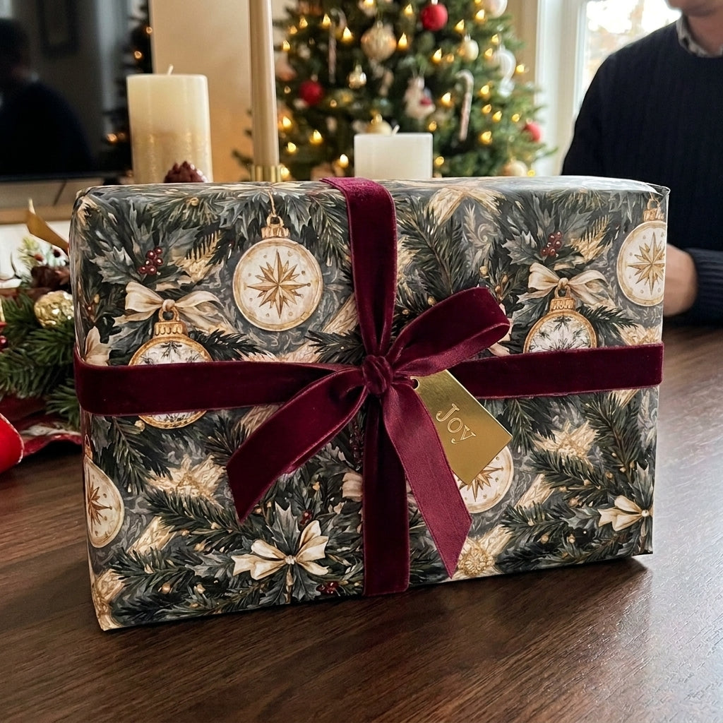 Luxury Christmas wrapping paper with vintage ornament pattern and velvet ribbon by Wrapped Studios.