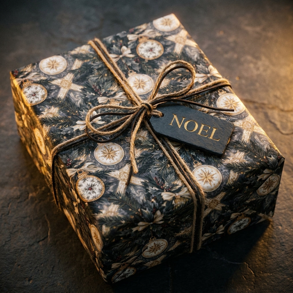 Luxury vintage Christmas gift wrap with dark pine pattern, rustic twine, and Noel tag by Wrapped Studios.