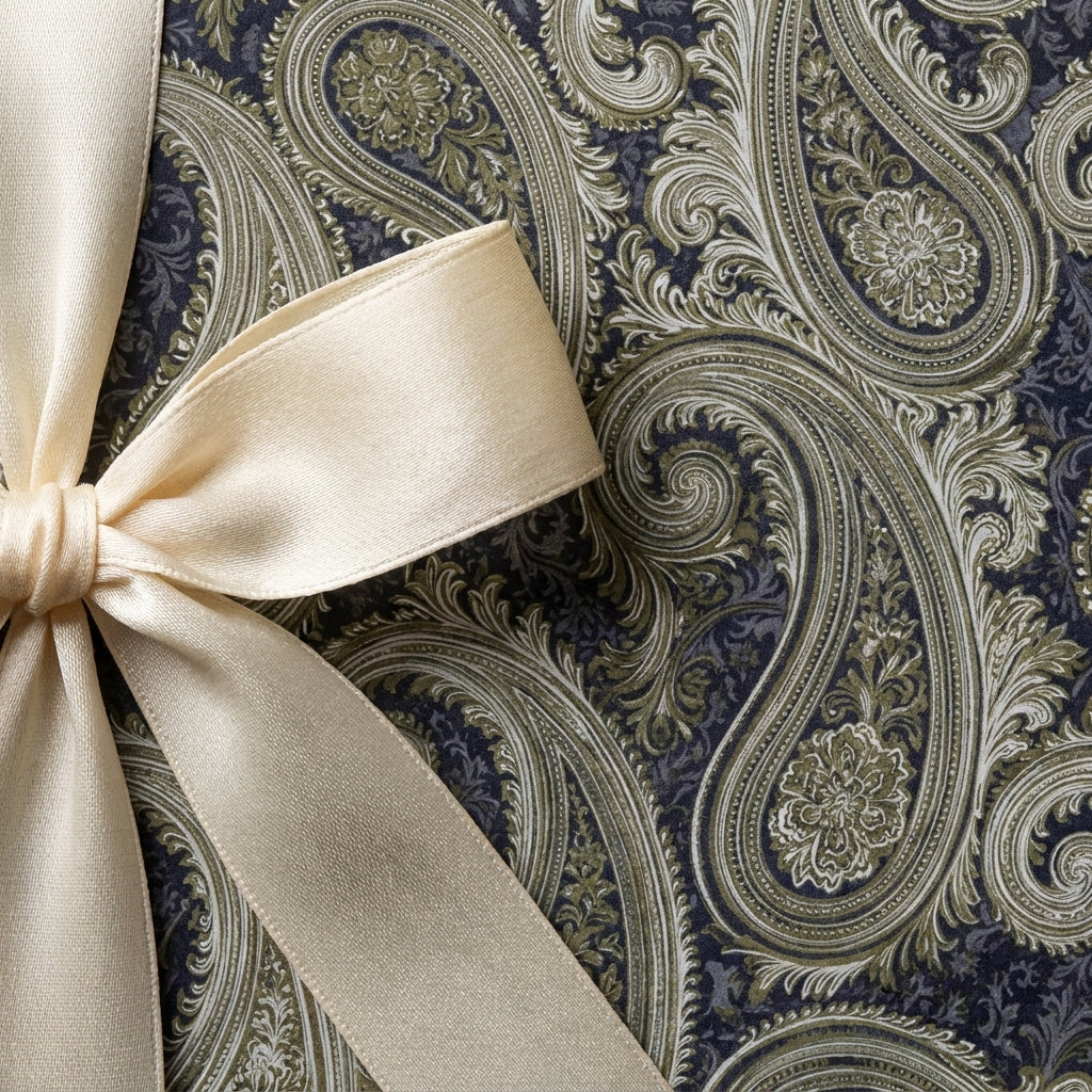 Elegant vintage paisley wrapping paper in navy and gold with a cream satin bow by Wrapped Studios.