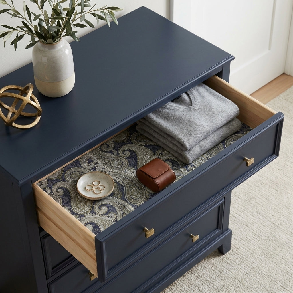 Vintage paisley wrapping paper used as a luxury drawer liner in a navy dresser by Wrapped Studios.