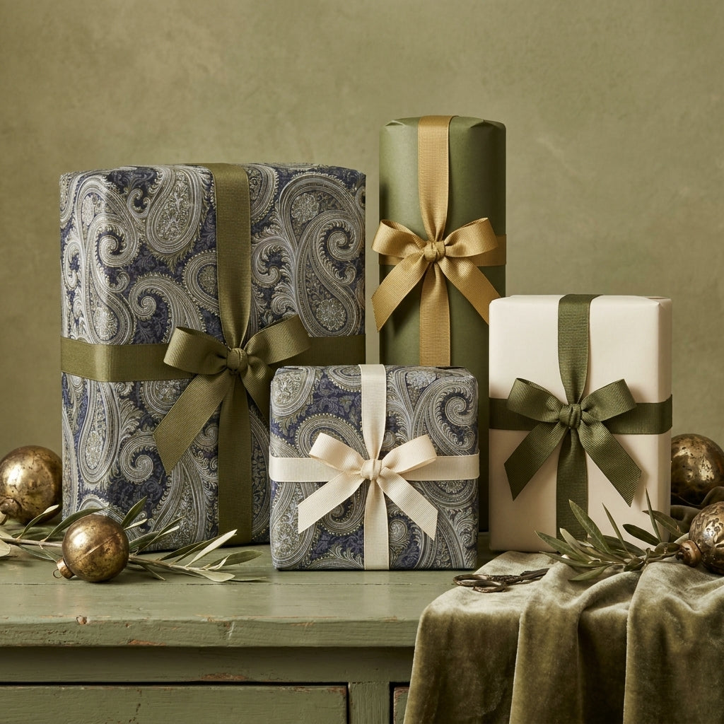 Elegant paisley wrapping paper and sage green holiday gift wrap with luxury ribbons by Wrapped Studios.