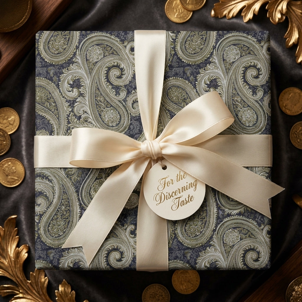Luxury paisley wrapping paper in navy and olive green with a cream satin bow by Wrapped Studios.