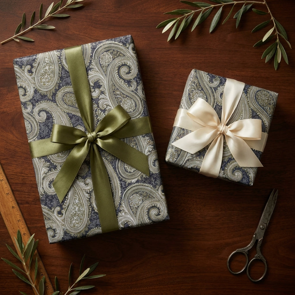 Luxury blue and gold paisley wrapping paper with satin bows on gift boxes, by Wrapped Studios.