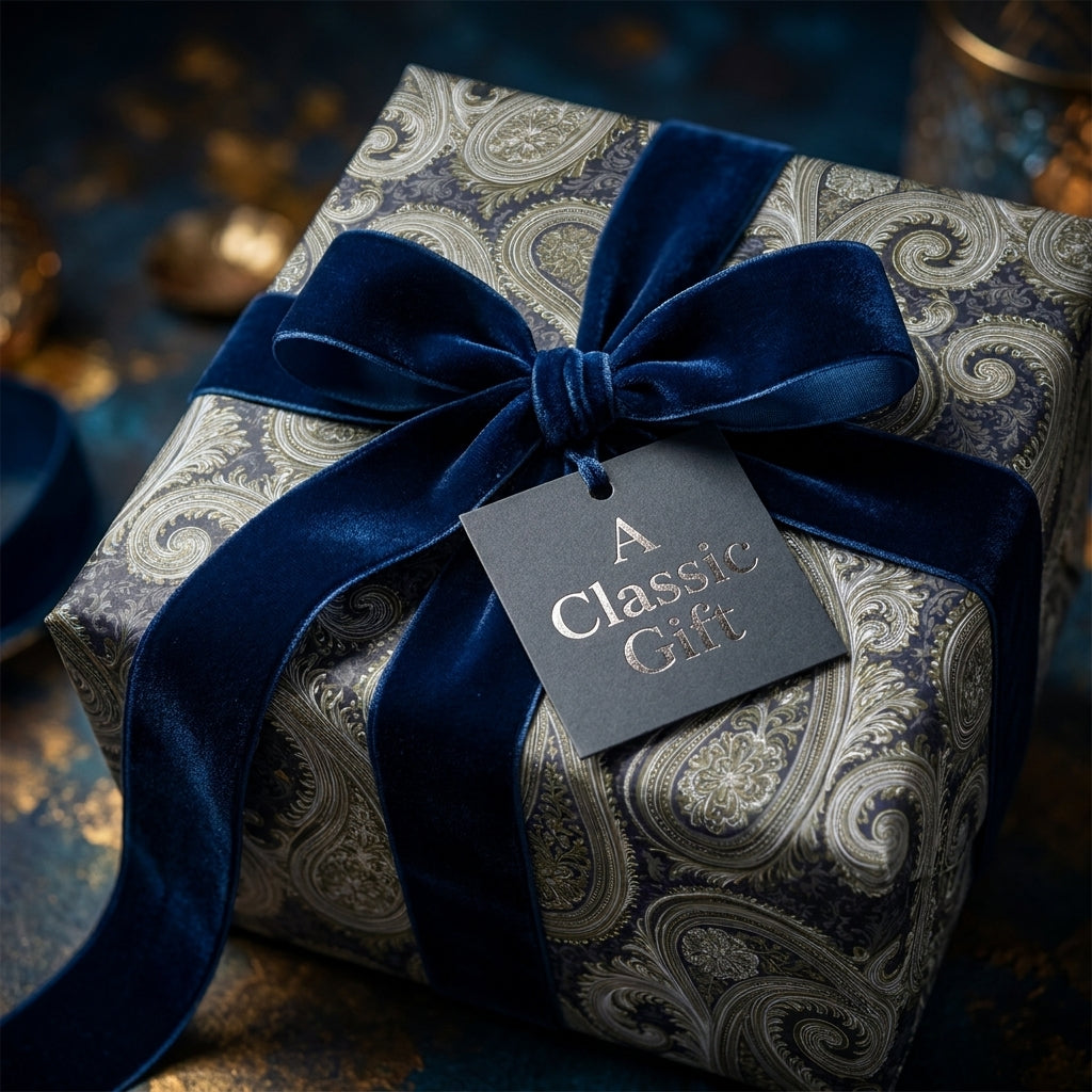 Elegant gold paisley wrapping paper with a blue velvet ribbon bow by Wrapped Studios.