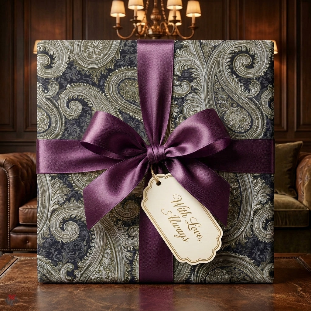Elegant vintage paisley wrapping paper in charcoal and gold with a purple ribbon by Wrapped Studios.