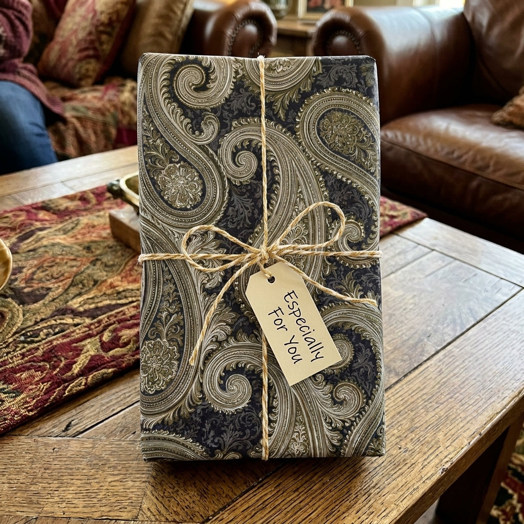 Elegant vintage paisley wrapping paper in navy and gold with a rustic twine bow, by Wrapped Studios.