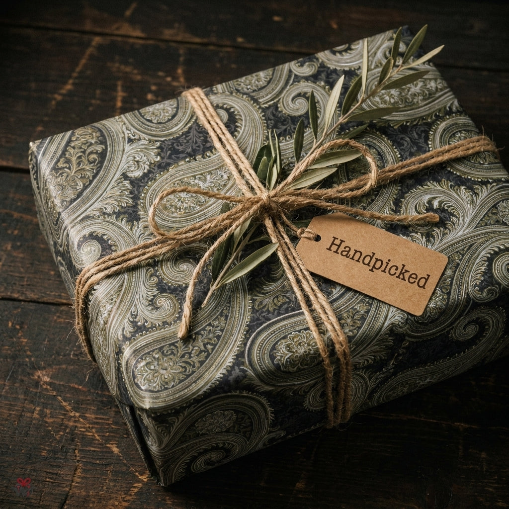 Vintage green paisley wrapping paper on a gift tied with jute twine and olive branch, by Wrapped Studios.