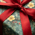 Elegant Christmas gift wrap with vintage floral pattern and red satin ribbon by Wrapped Studios.