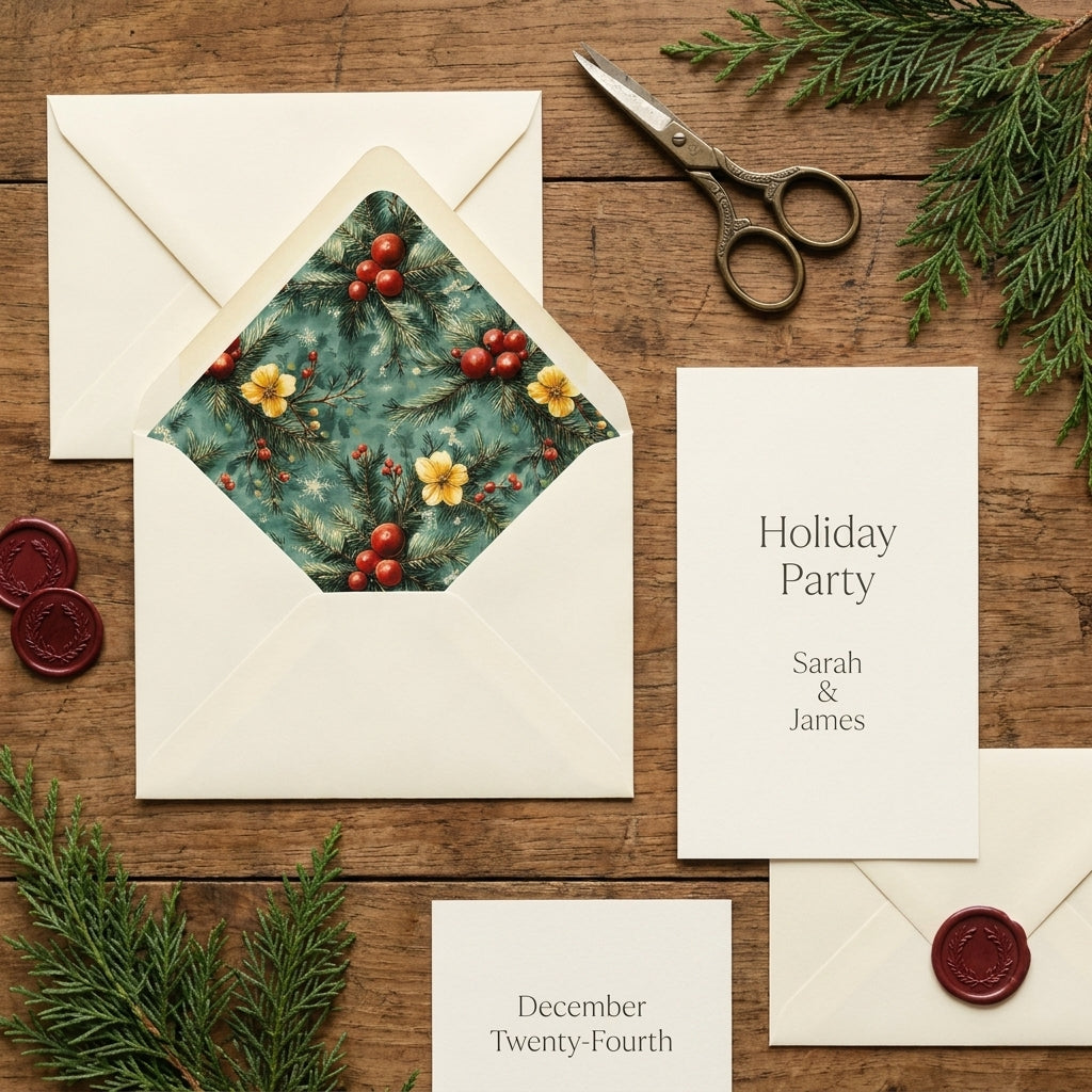 Elegant Christmas botanical envelope liner and holiday invitation on rustic wood, by Wrapped Studios.