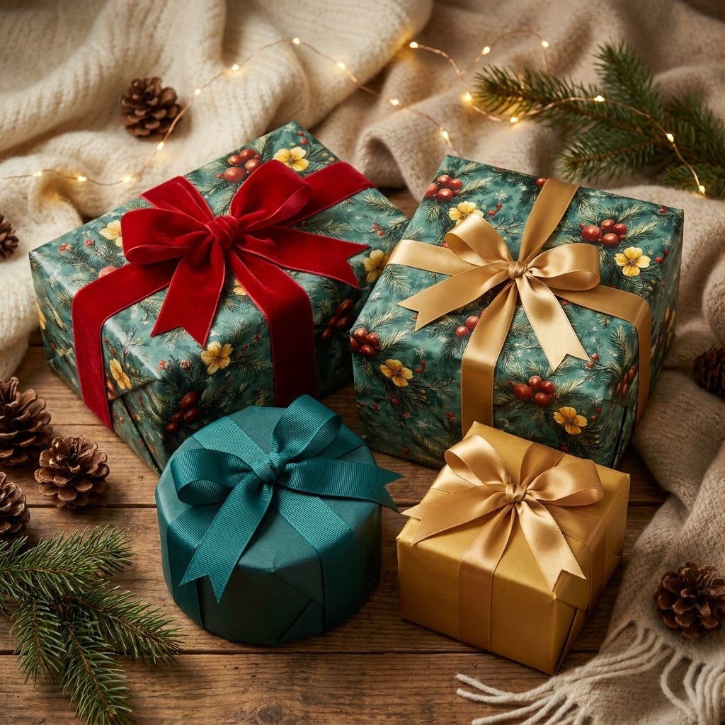 Luxury Christmas gift wrap with vintage floral patterns and red velvet bows by Wrapped Studios.