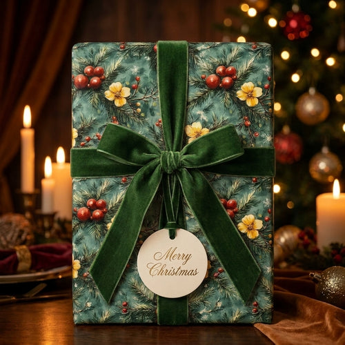 Luxury vintage botanical Christmas wrapping paper with green velvet bow by Wrapped Studios.