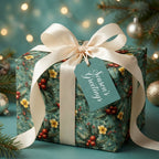 Elegant botanical Christmas wrapping paper with a cream satin bow and gift tag by Wrapped Studios.