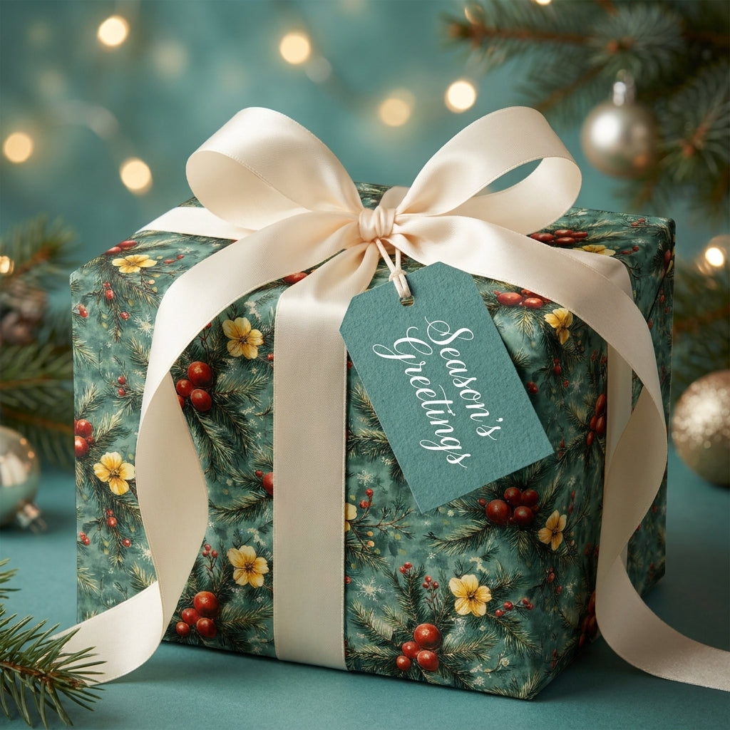 Elegant botanical Christmas wrapping paper with a cream satin bow and gift tag by Wrapped Studios.