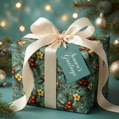 Elegant botanical Christmas wrapping paper with a cream satin bow and gift tag by Wrapped Studios.