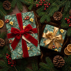 Luxury green botanical Christmas wrapping paper with elegant red velvet bow by Wrapped Studios.