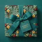 Elegant Christmas wrapping paper with botanical pine pattern, teal ribbon and gift tag by Wrapped Studios.