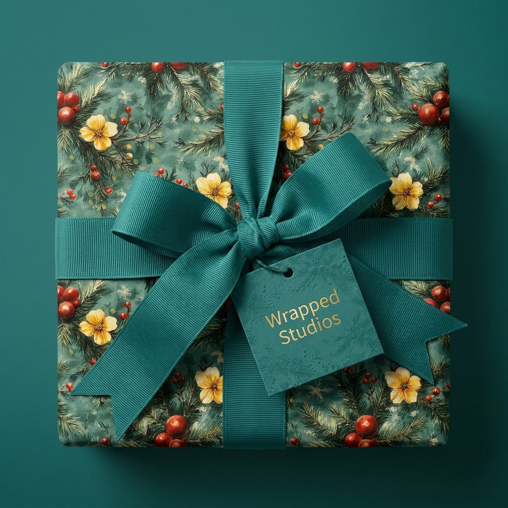 Elegant Christmas wrapping paper with botanical pine pattern, teal ribbon and gift tag by Wrapped Studios.
