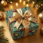 Luxury Christmas wrapping paper with botanical pine print and gold bow by Wrapped Studios.