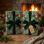 Luxury Christmas wrapping paper with botanical pine print and velvet bows by a fireplace, from Wrapped Studios.